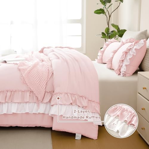 Masaca Pink Comforter Set Queen,Farmhouse Shabby Boho Chic Bedding White Ruffle Comforter Vintage Rustic French Country Bedding Set 3PCS (1 Ruffled Comforter and 2 Pillowcases)