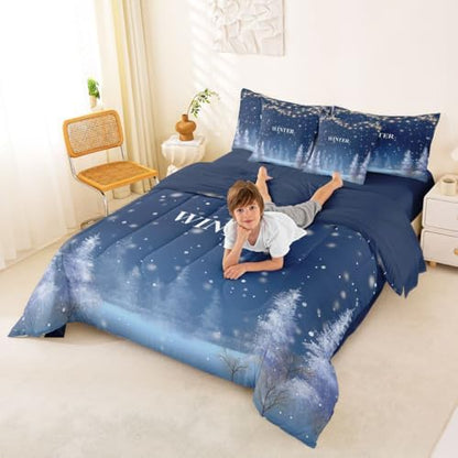 Erosebridal Winter Season 7 Pcs Comforter Set King, Snowflakes Bedding for Adult, Xmas Mystical Wonderland Starry Sky Night Bed in A Bag Sheet Set, Night Blue New Year Holiday Light Coniferous Quilt