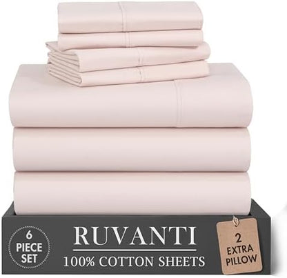 RUVANTI 100% Cotton Split King Sheets, Percale Sheets Set, Soft Peach