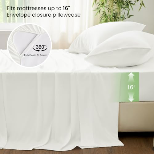 Love's cabin 3 Piece Twin Sheet Set, 100% Rayon Derived from Bamboo, Cooling & Breathable, Soft Silky Deep Pocket up to 16", Hotel Luxury Bedding for Hot Sleepers, White