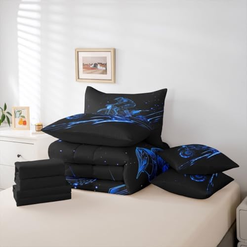 Feelyou Blue Neon Dirt Bike Comforter Set with Sheets 7 Piece King Motocross Bedding Set for Boys Girls Speed Racing Bed in a Bag Line Art Design Room Decor Extreme Sports Pattern Soft Lightweight