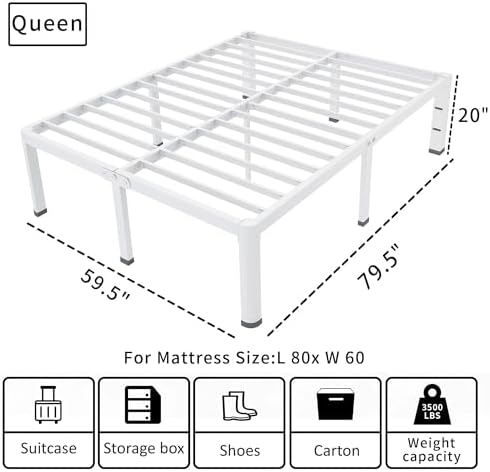 ROIL 20 Inch White Queen Bed Frame with Rounded Corner & 4 Mattress Baffles
