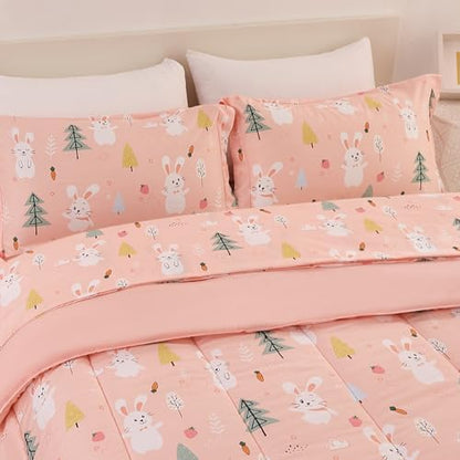 Yibeizi Pink Bunny Kids Comforter Set for Girls Twin Cute Bedding