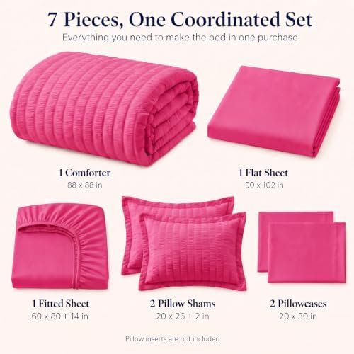CozyLux Queen Comforter Set, 7 Pieces Hot Pink Seersucker Bed in a Bag