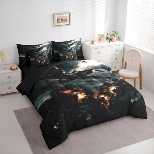 Erosebridal 7 Pcs Vintage Fighter Airplane Boys Bedding Set Full Military Aircraft Comforter Set with Sheets for Kids Teens Men Realistic 3D Print Cloud Flame Aviation Bed in A Bag Plane Bed Sets