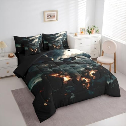 Erosebridal 7 Pcs Vintage Fighter Airplane Boys Bedding Set Full Military Aircraft Comforter Set with Sheets for Kids Teens Men Realistic 3D Print Cloud Flame Aviation Bed in A Bag Plane Bed Sets