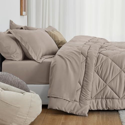 Love's cabin Oversized Queen Comforter Set, 7 Pieces Bed in a Bag, All Season Bedding Sets with 1 Comforter, 1 Flat Sheet, 1 Fitted Sheet, 2 Pillowcase and 2 Pillow Sham, Burlwood
