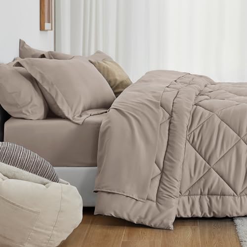 Love's cabin Queen Comforter Set Burlwood, 7 Pieces Queen Bed in a Bag, All Season Queen Bedding Sets with 1 Comforter, 1 Flat Sheet, 1 Fitted Sheet, 2 Pillowcase and 2 Pillow Sham