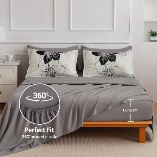 Black White Comforter Set Queen, 7 Pieces Light Grey Floral Bedding Set