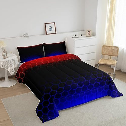 Red Blue Ombre Hexagon Comforter Full Size, Honeycomb Bedding Set Geometrics Hexagon Comforter Set for Kids Boys Girls Abstract Red and Black Duvet Set Bed Set 3Pcs