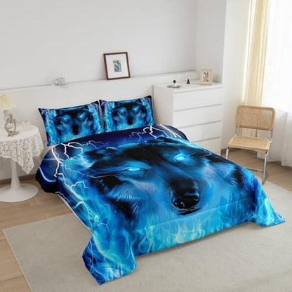 Feelyou Wolf Bedding Set Safari Animal Pattern Comforter Cool Wildlife Style Comforter Set for Boys Girls Kids Room Decor Glitter Blue Wild Wolf Lightweight Duvet Set Queen Size with 2 Pillow Case