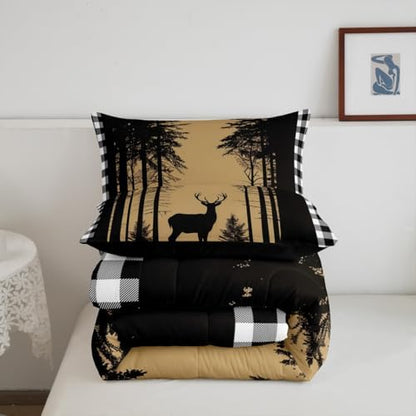 Erosebridal Deer Hunting Down Comforter for Kids, Rustic Elk Moose Quilt Queen Size, Black White Checkered Plaid Bedding Set Country Farmhouse Tree Comforter Set for Boys Teens Adult Bedroom Decor