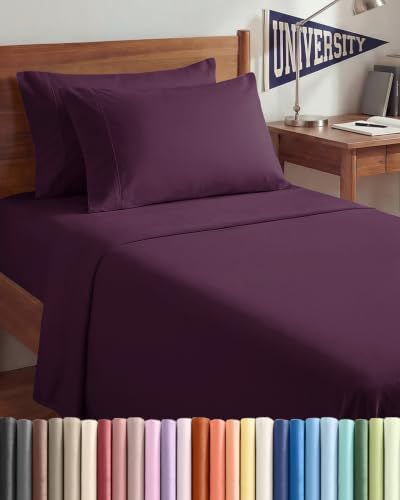 Twin XL 4 Piece Sheet Set - College Dorm Room Essentials - Deep Purple