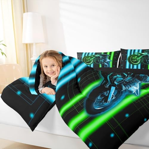 Feelyou Dirt Bike Kids Bedding Set,Boys Girls Toddler Size,Racing Motocross Rider Comforter Set,Extreme Sports Ultra Soft Duvet Quilt,3D Pattern Comforter Colorful Modern Bedroom Decor