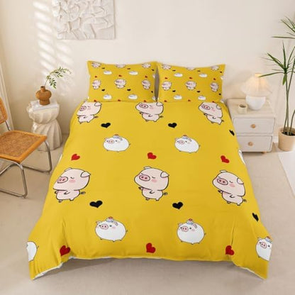 Pig Duvet Cover Cartoon Animal Bedding Set Cute Pigs Printed Decor Yellow Comforter Cover for Kids Teen Girls Boys Soft Microfiber Reversible Bedspread,1 Duvet Cover with 2 Pillowcases, Full Size
