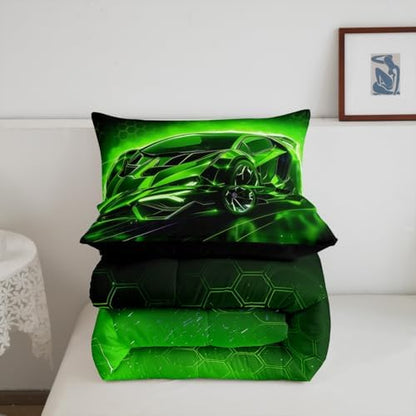 Feelyou Kids Boys Sports Car Comforter Set King Size Green Race Car Comforter for Kids Teens Room Decor Extreme Sports Theme Bedding Set Cool Speed Luxury Car Decor Quilt Set Soft for All Season