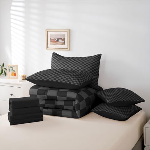 jejeloiu Black Grey Plaid Comforter Set with Sheets 7 Piece Twin Size
