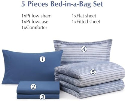 Twin XL Comforter Set Striped Ocean Blue 5 Pieces College Dorm Bed in a Bag