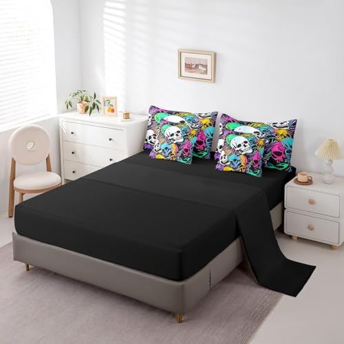 Erosebridal 7Pcs Halloween Skull Comforter Set for Kids Boys Girls King Size,Colorful Bones Skeleton Bedding Set,Gothic Spooky Bed in A Bag,Exotic Hippie Sheet Set with Comforter