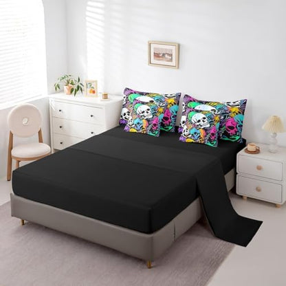 Erosebridal 7Pcs Halloween Skull Comforter Set for Kids Boys Girls King Size,Colorful Bones Skeleton Bedding Set,Gothic Spooky Bed in A Bag,Exotic Hippie Sheet Set with Comforter