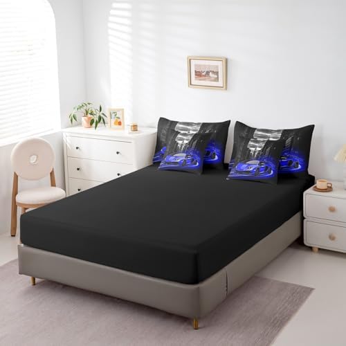 Feelyou Blue Race Car Comforter Set with Sheets Twin Size Kids Speed Sports Car 7 Pieces Bedding Set for Boys Girls Teens Racing Car Bed in a Bag Extreme Sports Street Bed Set Gothic Modern City