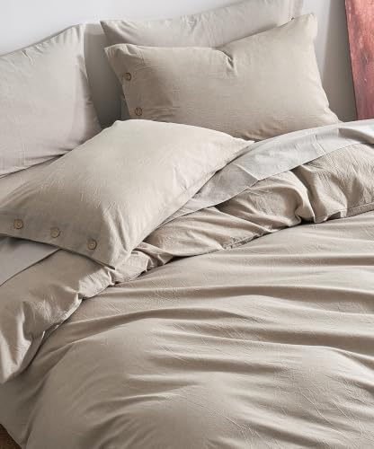 JELLYMONI 100% Washed Cotton Khaki-Beige Duvet Cover King, Linen-Like