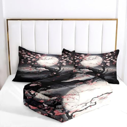 CCoutueChen Black Cherry Blossom Comforter Set Pink Floral Bedding Twin