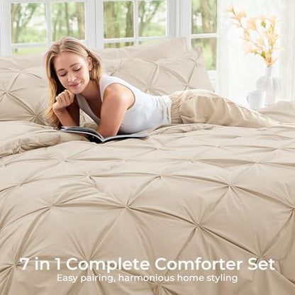 Sasttie Twin Comforter Set, 5-Piece Bed in a Bag, Pintuck Bedding Sets for All Season, Includes Comforter, Flat Sheet, Fitted Sheet, Pillowcase and Pillowsham, Warm Beige