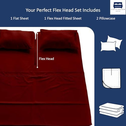 4 Piece Flex Head King Sheet Set 34" Top, 100% Egyptian Cotton, Burgundy