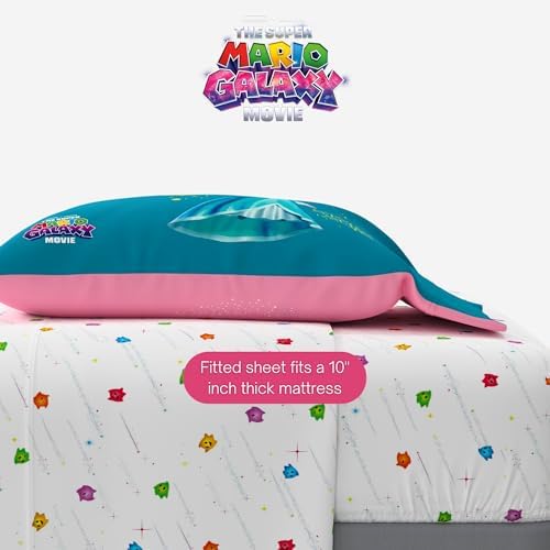 The Super Mario Galaxy Movie Bedding Set, Full Size 7 Piece Set Kids Super Soft Cozy Reversible Comforter and Sheet Set with Sham, Princess Peach (100% Officially Licensed Product) by Franco