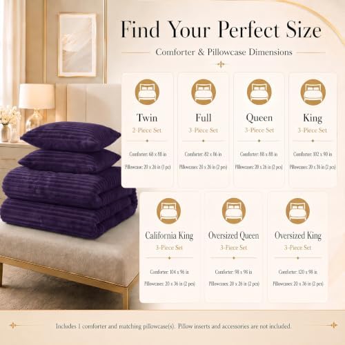 CozyLux Fleece Full Size Comforter Sets, 3 Piece Winter Warm Purple Bedding