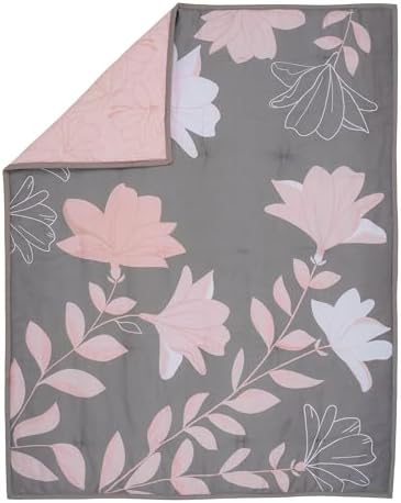Lambs & Ivy Petals Gray/Pink Sateen Cotton Floral 3-Piece Baby Crib Bedding Set