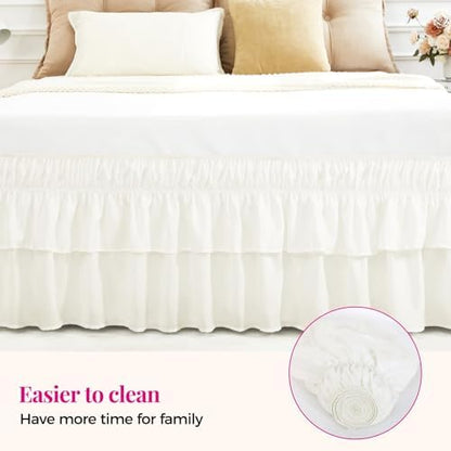 RIMELA Queen Size Ruffle Bed Skirt 14 Inch Drop - Cream White Double Layered Wrap Around Dust Ruffle, Romantic Cute Design Bedskirt with High-Density Fabric, Soft Stretchy, Easy Install for Queen Bed