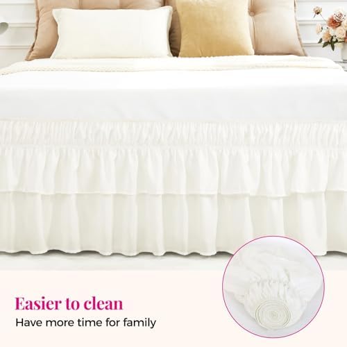 RIMELA Full Size Ruffle Bed Skirt 16 Inch Drop - Cream White Double Layered Wrap Around Dust Ruffle, Romantic Cute Design Bedskirt with High-Density Fabric, Soft Stretchy, Easy Install for Full Bed