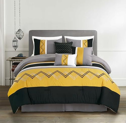 Chezmoi Collection Arden 7-Piece Modern Pleated Stripe Embroidered Zigzag Bedding Comforter Set (King, Turmeric/Black/Silver Gray/White)