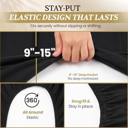 Full XL 100% Cotton Jersey Knit Sheet Set, 4PC, 15" Deep Pocket, Black