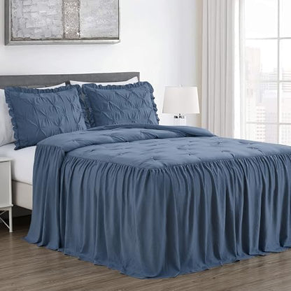 Chezmoi Collection Aria 3-Piece Pinch Pleat Pintuck Ruffle Skirt Bedspread Set - French Country Chic Farmhouse - King, Dusty Blue