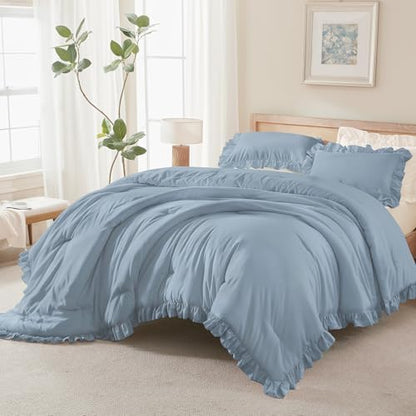 Andency Grayish Blue Queen Comforter Set, 3 Pcs Shabby Chic Bedding