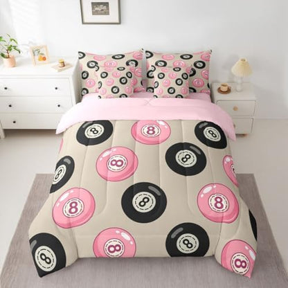 Erosebridal Kids Lucky Trendy 8 Ball 7 Piece Bedding Set King Girly Fashion Y2K Comforter Set for Girls Coquette Room Decor,Pink Black Lucky 8 Ball Bed in A Bag with Sheets Funky Preppy Bed Set