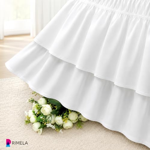 RIMELA Ruffle Bed Skirt White Full 14 Inch Drop, Elastic Wrap Around Bed Skirt Full Size, Easy to Install Dust Ruffle, Machine Washable Soft Fabric, Multi Ruffle Bedskirt