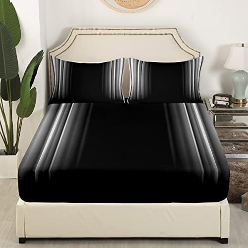 Feelyou Geometric Abstract Ombre Sheet Set Men Adults Teens Grey Gray and Black Striped Bed Sheets Kids Boys Girls Simple Modern Sheetswith 2 Pillowcases 4Pcs Bedding King