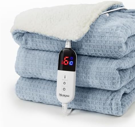Electric Blanket Striped Twin, 72x84 Inches Sherpa Fleece Fast Heating Blanket 6 Heating Levels & 10 Hours Auto Off ETL Certification,Haze Blue Full