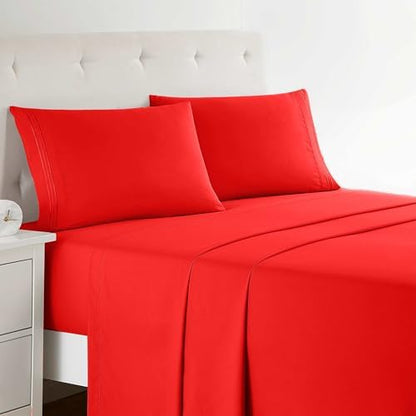 Clara Clark Split King Sheets Set, Deep Pocket Bed Sheets for Split King Size Bed, 4 Piece Bed Sheet Set, Super Soft Bedding Sheets & Pillowcases, Split King Cherry Red