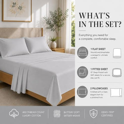 King Size Sheets Set,15" Deep Pocket Fitted Sheet & Pillowcase Sets, Silver