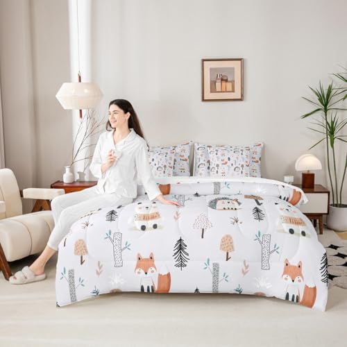 Erosebridal Cute Zoo Animals Twin Comforter Set 7 Piece for Kids Boys Girls Wildlife Bed in A Bag with Sheets Cartoon Fox Bear Hedgehog Bedding Set Jungle Tree Mushrooms Bed Set Room Decor