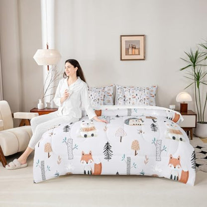Erosebridal Cute Zoo Animals Twin Comforter Set 7 Piece for Kids Boys Girls Wildlife Bed in A Bag with Sheets Cartoon Fox Bear Hedgehog Bedding Set Jungle Tree Mushrooms Bed Set Room Decor