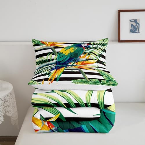 Parrot Bedding Set Palm Tree Leaf Comforter Set Full,Hawaiian Tropical Botanical Bedding Comforter for Kids Boys Girls Teens Adults,Black Striped Quilt Duvet Set 2 Pillow Cases Home Bedroom Decor