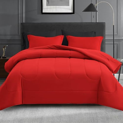 Maple&Stone Full Comforter Set 7 Pieces Bed in a Bag Red & Black Bed Set