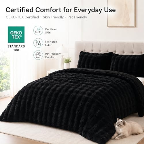 YIKUSH King Faux Fur Soft Comforter Set, Fluffy Black Rabbit Fur Comforter