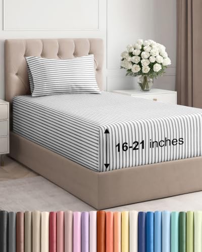 Extra Deep Pocket Twin Size Sheet Set - Breathable & Cooling - Grey Stripes